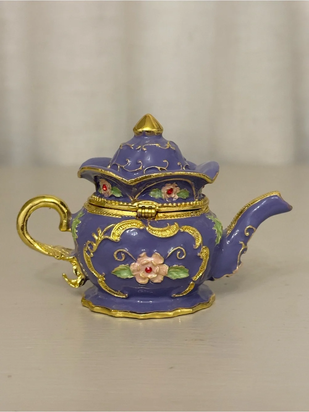 Bejeweled Purple Teapot Hinged Trinket Box Jeweled Enamel Miniature Ring Holder